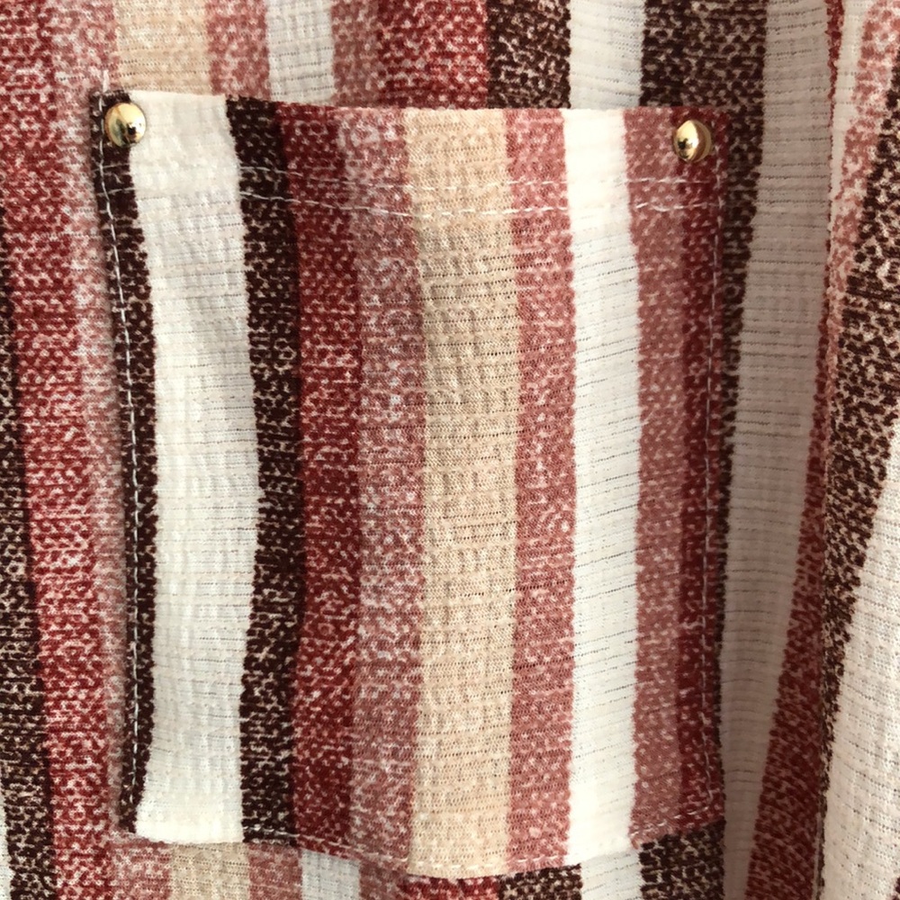 Striped Short-Sleeve V-Neck Blouse in Burgundy and White - Picture 3 of 11